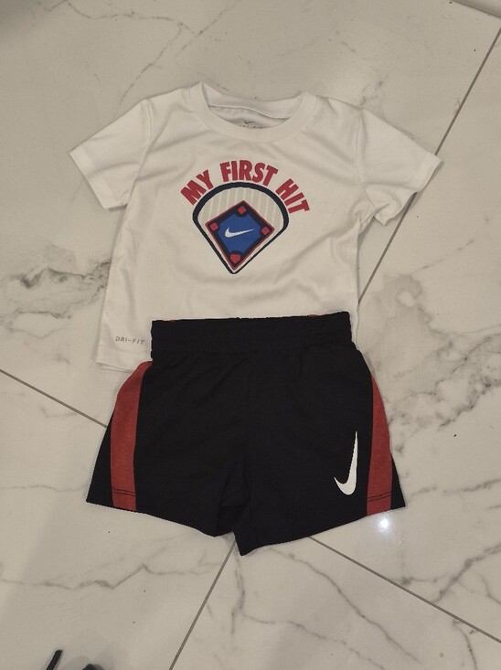 Nike Other - Nike White Graphic Tee & Black Shorts Set with Red and Blue Accents